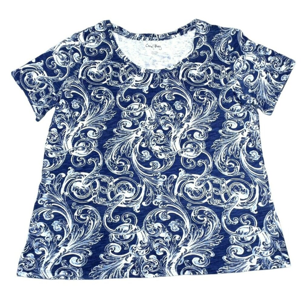 Coral Bay Womens Top Blue White Scoop Neckline Cotton Cap Sleeves Large JH922